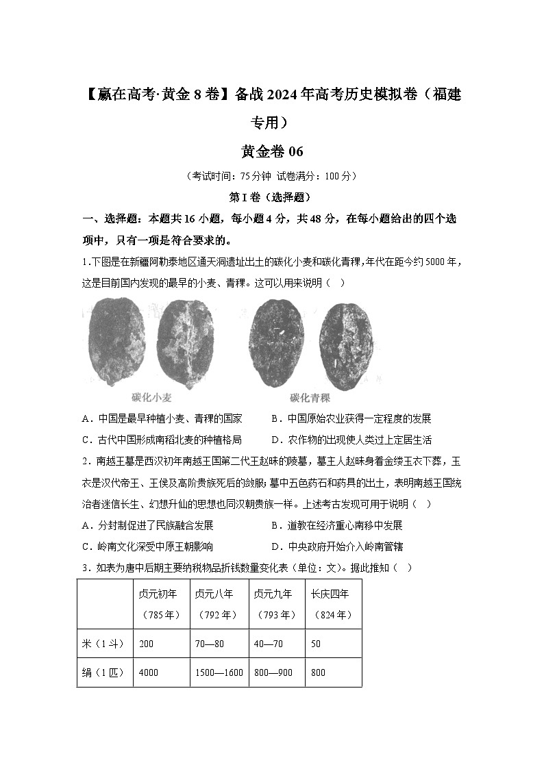 黄金卷06-备战2024年高考历史模拟卷（福建专用）01