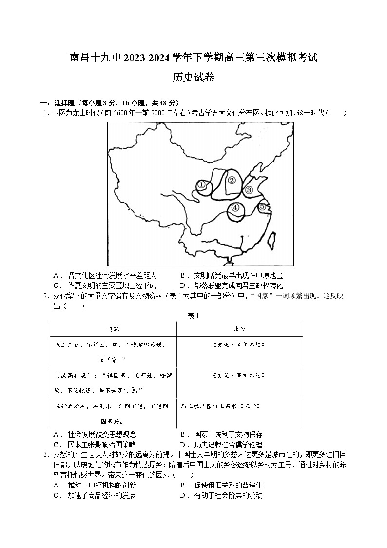2024届江西省南昌市第十九中学高三下学期第三次模拟考试历史试题01