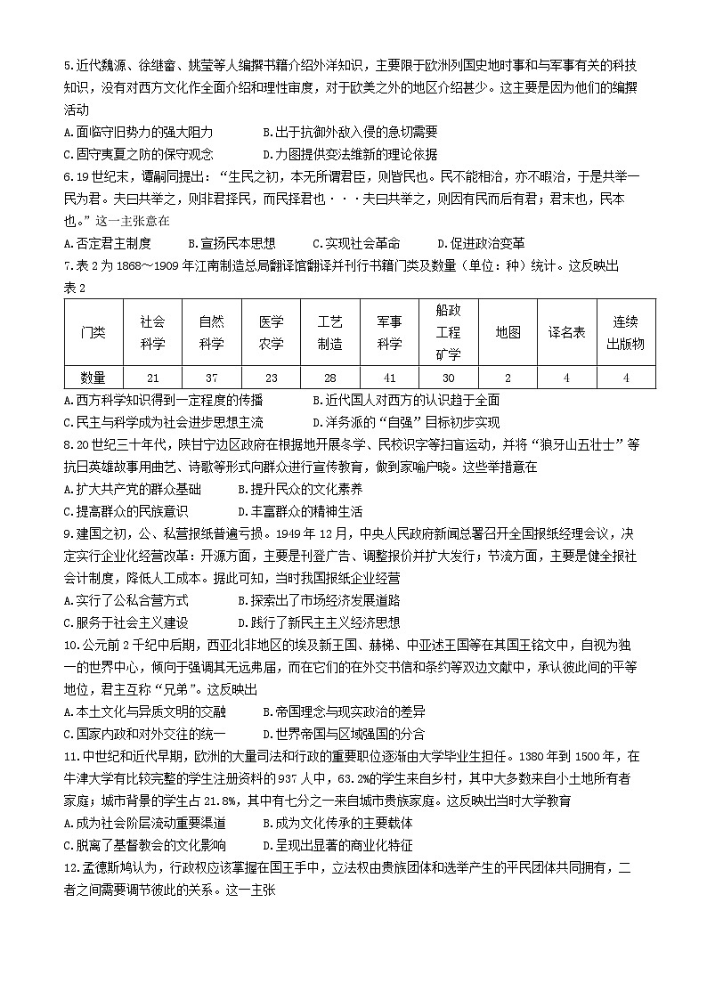 山东省德州市2023-2024学年高二下学期期中考试历史试题02