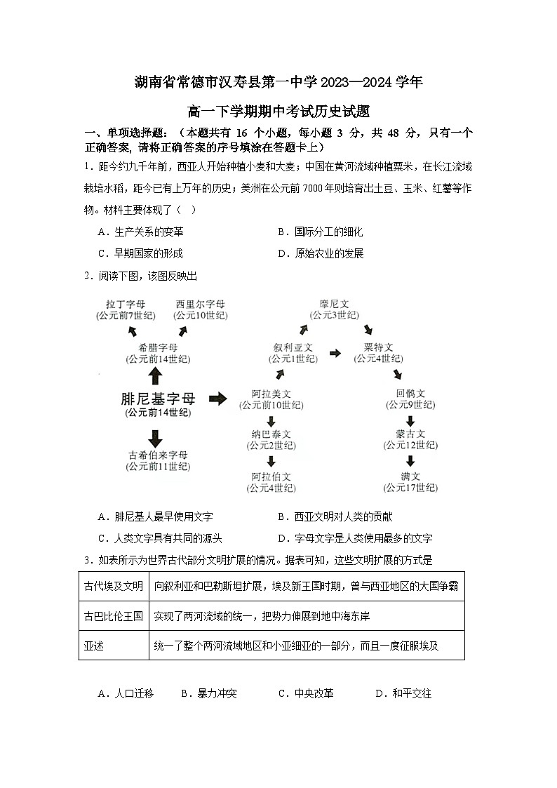 2024常德汉寿县一中高一下学期4月期中历史试题含解析01