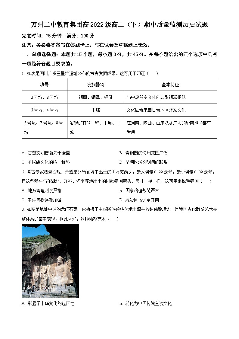 重庆市万州第二高级中学教育集团2023-2024学年高二下学期期中考试历史试题（原卷版+解析版）01