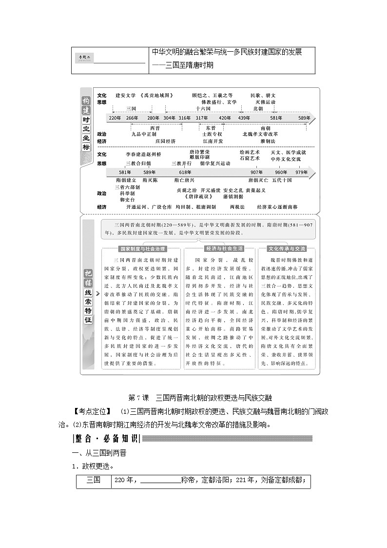 2025届高考历史一轮总复习知识必备训练题专题二三国至隋唐时期第七课三国两晋南北朝的政权更迭与民族交融01