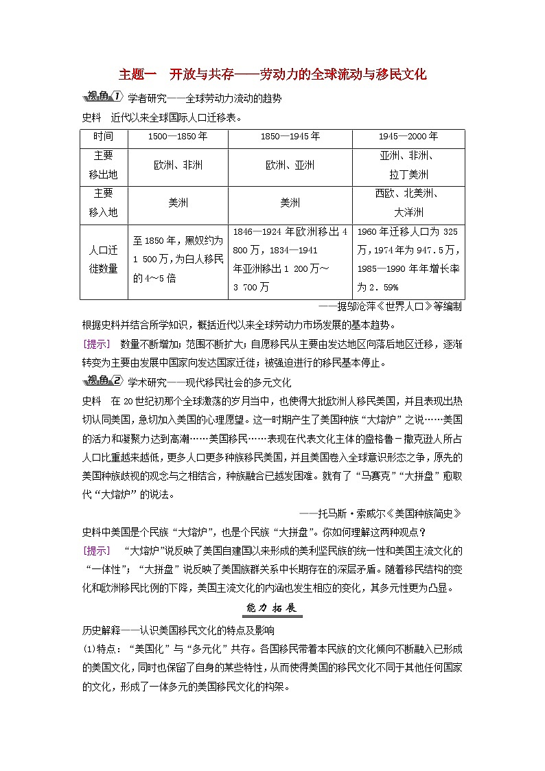 2025届高考历史一轮总复习能力探究训练题专题十五世界现代史时期第65课全球化的人口流动和文化的交融传承与保护主题一开放与共存__劳动力的全球流动与移民文化01