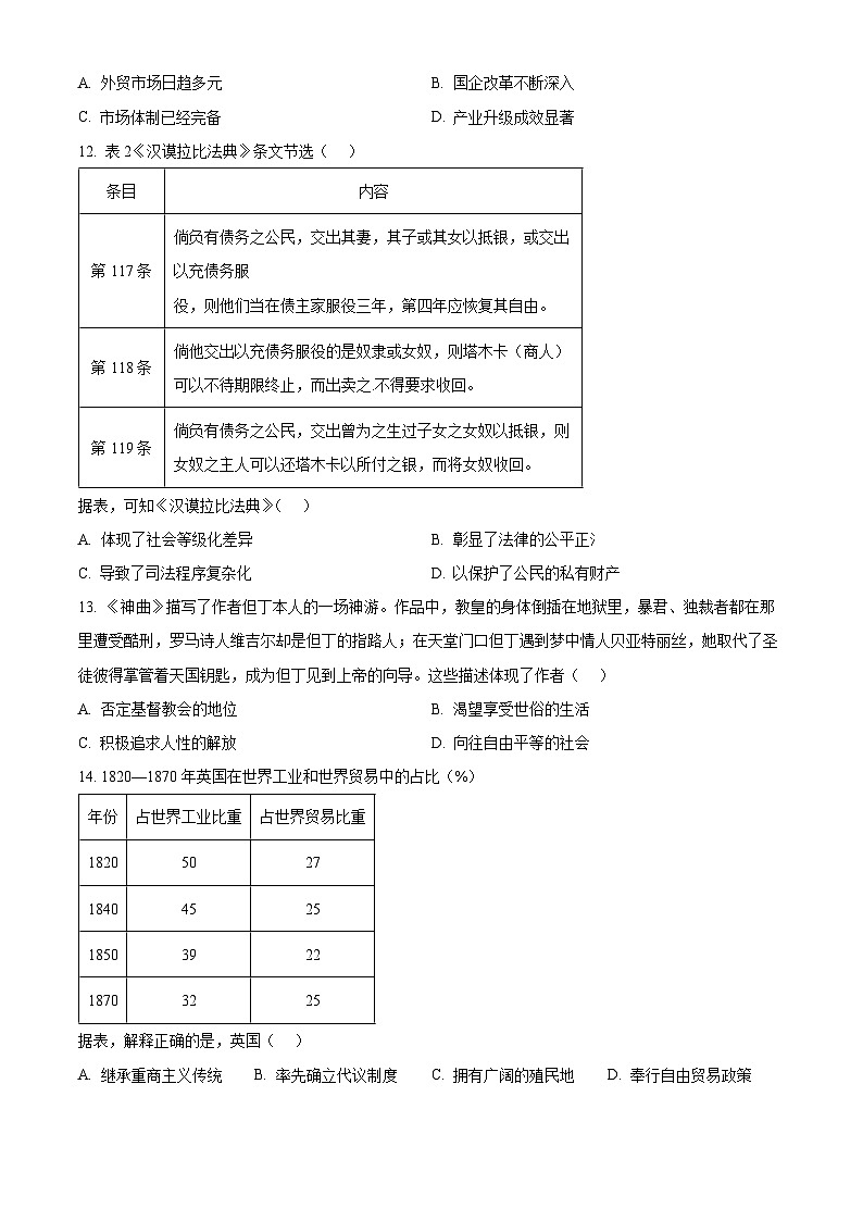 2024漳州高三下学期三模试题历史含解析03