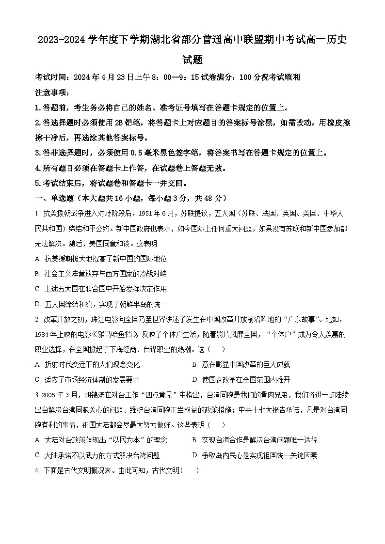 2024湖北省部分普通高中联盟高一下学期期中联考历史试题含解析01