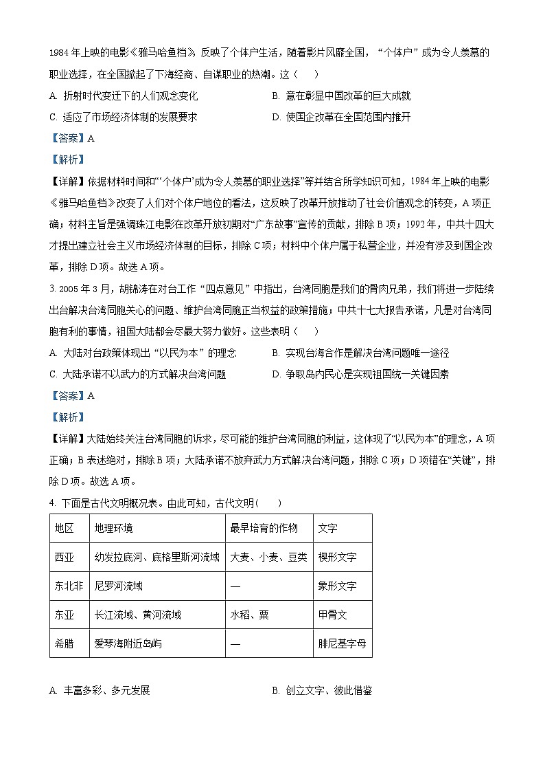 2024湖北省部分普通高中联盟高一下学期期中联考历史试题含解析02