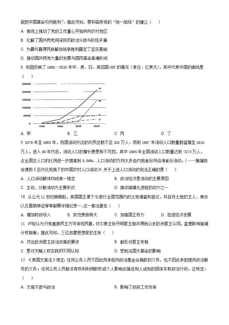山东省临沂市临沭县实验中学2023-2024学年高三下学期5月月考历史试题（原卷版+解析版）03