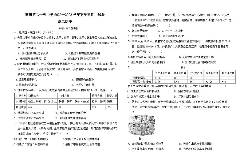 福建省莆田第二十五中学2023-2024学年高二下学期期中考试历史试题第1页