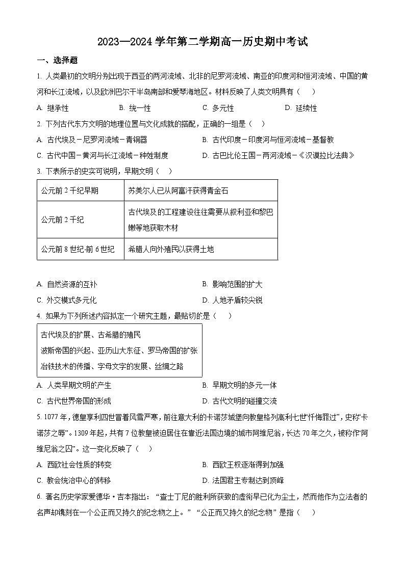 新疆乌鲁木齐市第六十一中学2023-2024学年高一下学期期中考试历史试卷（解析版+原卷版）01