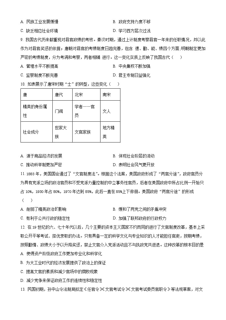 安徽省合肥市第九中学2023-2024学年高二上学期第一次单元质量检测（月考）历史试题 Word版无答案第3页