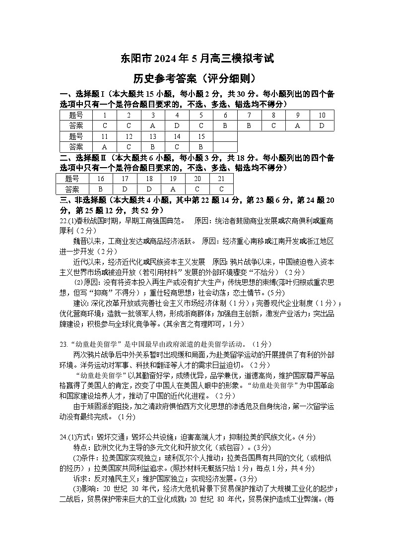 浙江省金华东阳市2024届高三下学期三模历史试题答案第1页