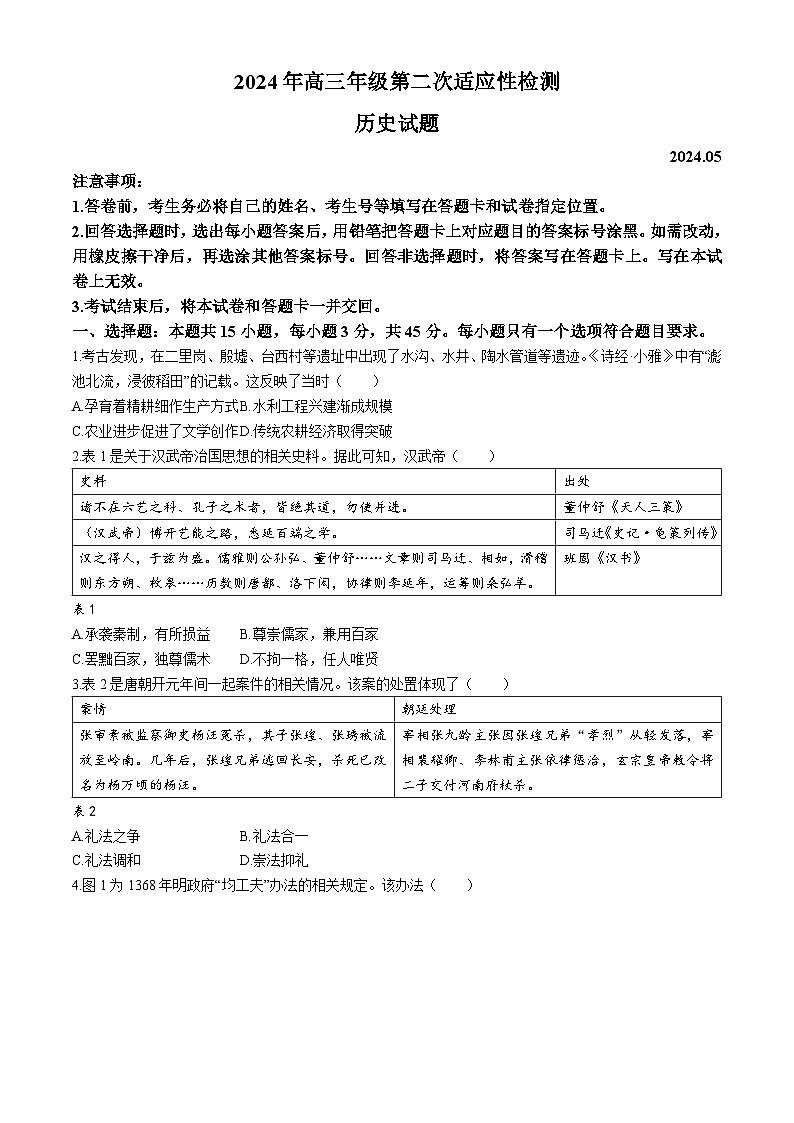 2024届山东省青岛市高三下学期二模考试历史试卷第1页