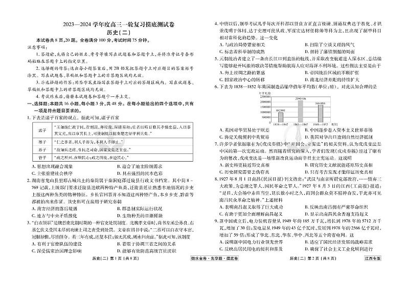 江西省2024年新高考历史【衡水金卷·先享题】摸底测试卷（江西专版）02（PDF版附答案）第1页