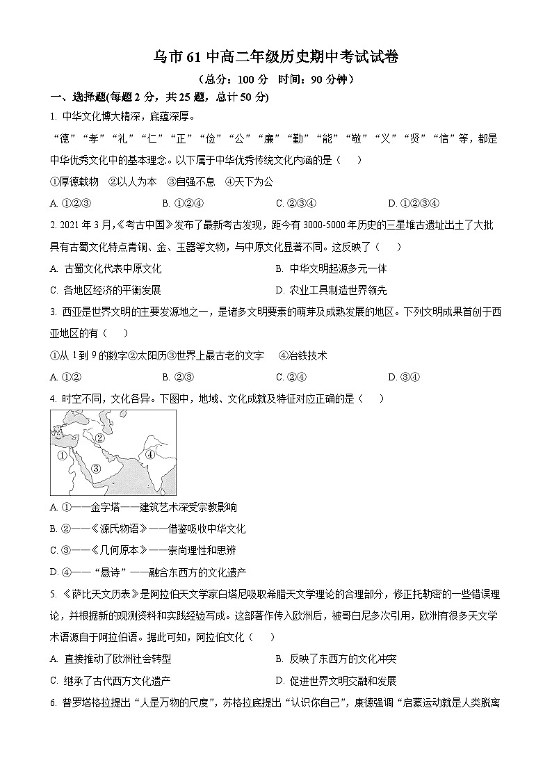 新疆乌鲁木齐市第六十一中学2023-2024学年高二下学期期中历史试题（原卷版+解析版）01