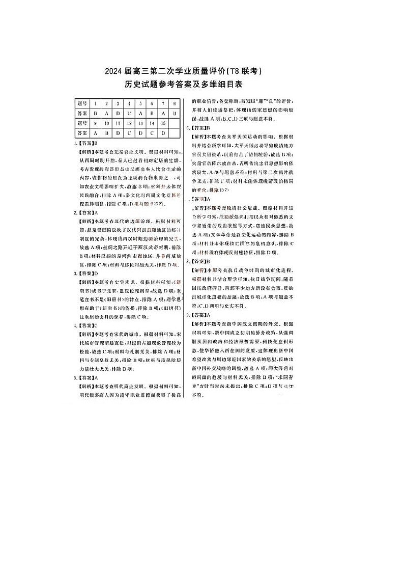 2024届浙江高三第二次学业质量评价历史试题答案第1页