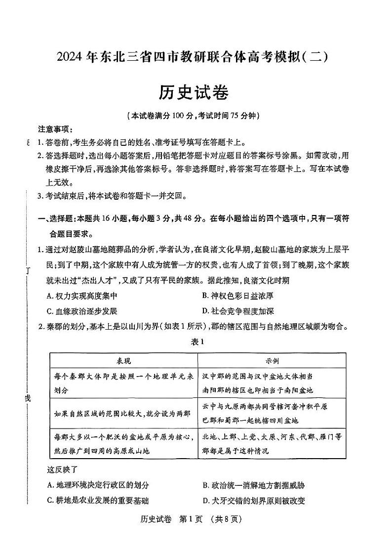 2024东北三省四市高三二模-历史试题第1页