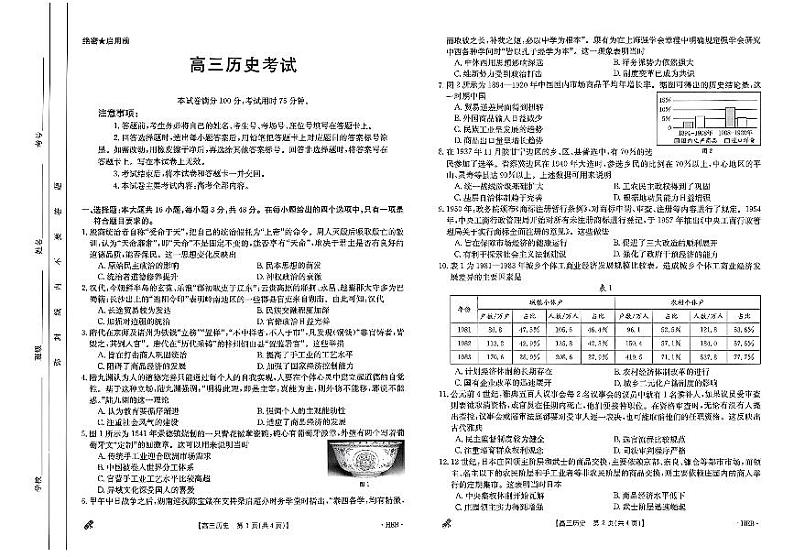 金太阳2024届高三下学期5月大联考历史试题01