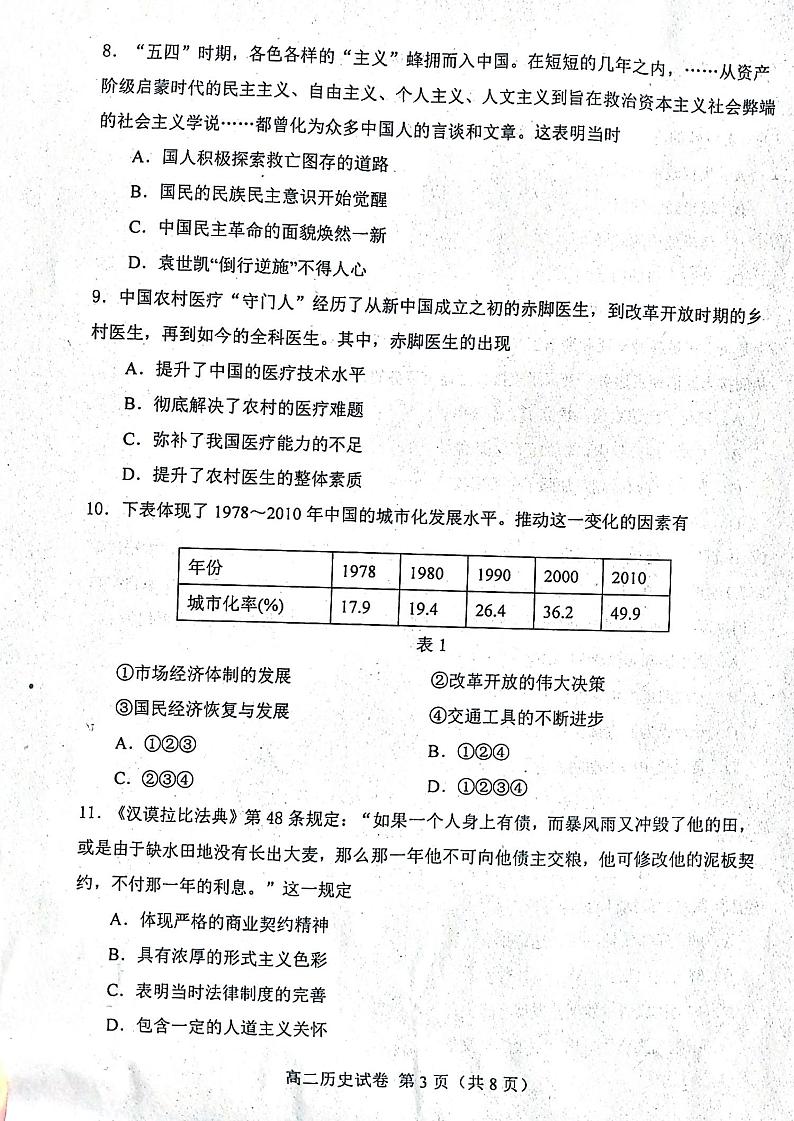 +河北省唐山市十县一中联盟2023-2024学年高二下学期期中考试历史试题03