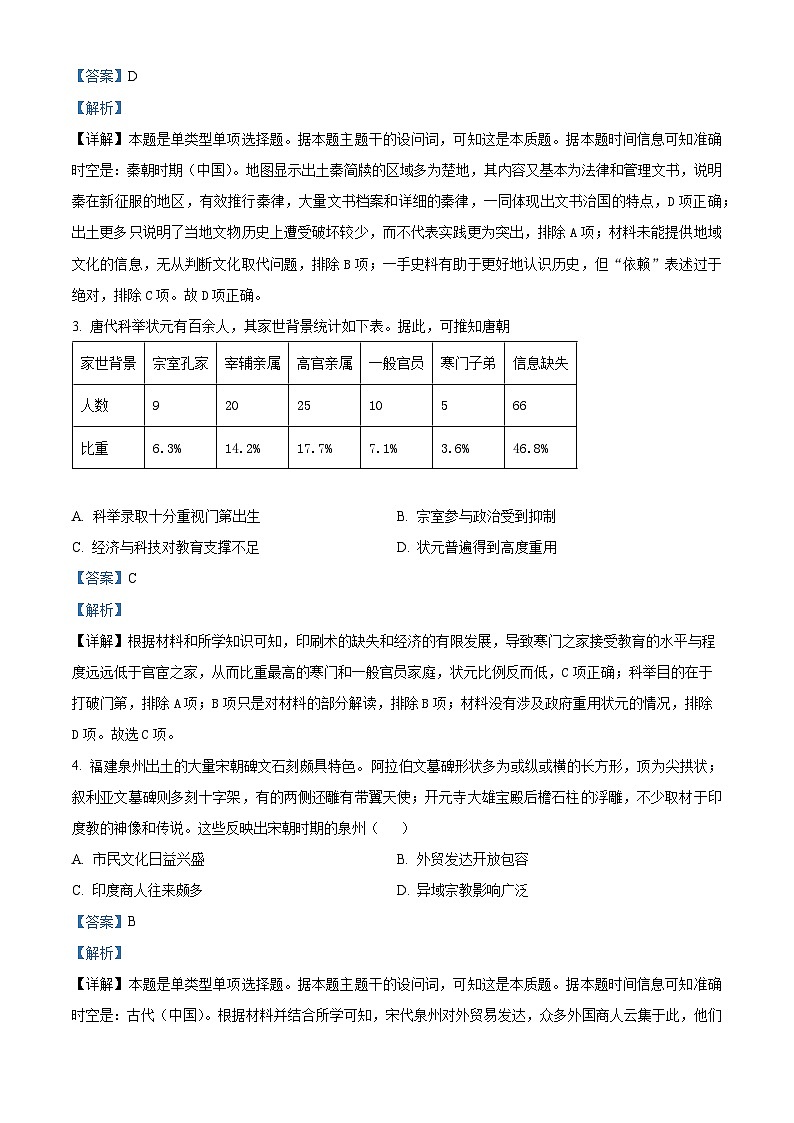 2024长沙一中高三下学期模拟卷（一）历史试题含解析02