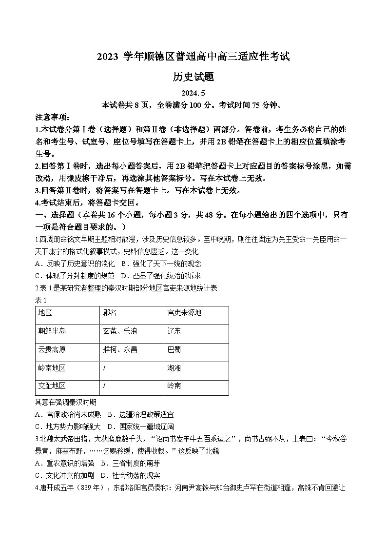 2024届广东省顺德区普通高中高三下学期适应性考试历史试题(无答案)第1页
