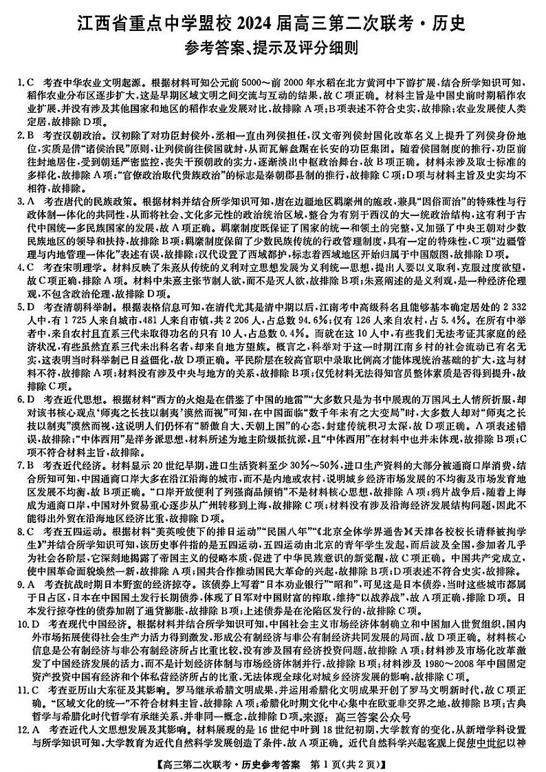 江西重点中学盟校二模历史参考答案提示及评分细则第1页