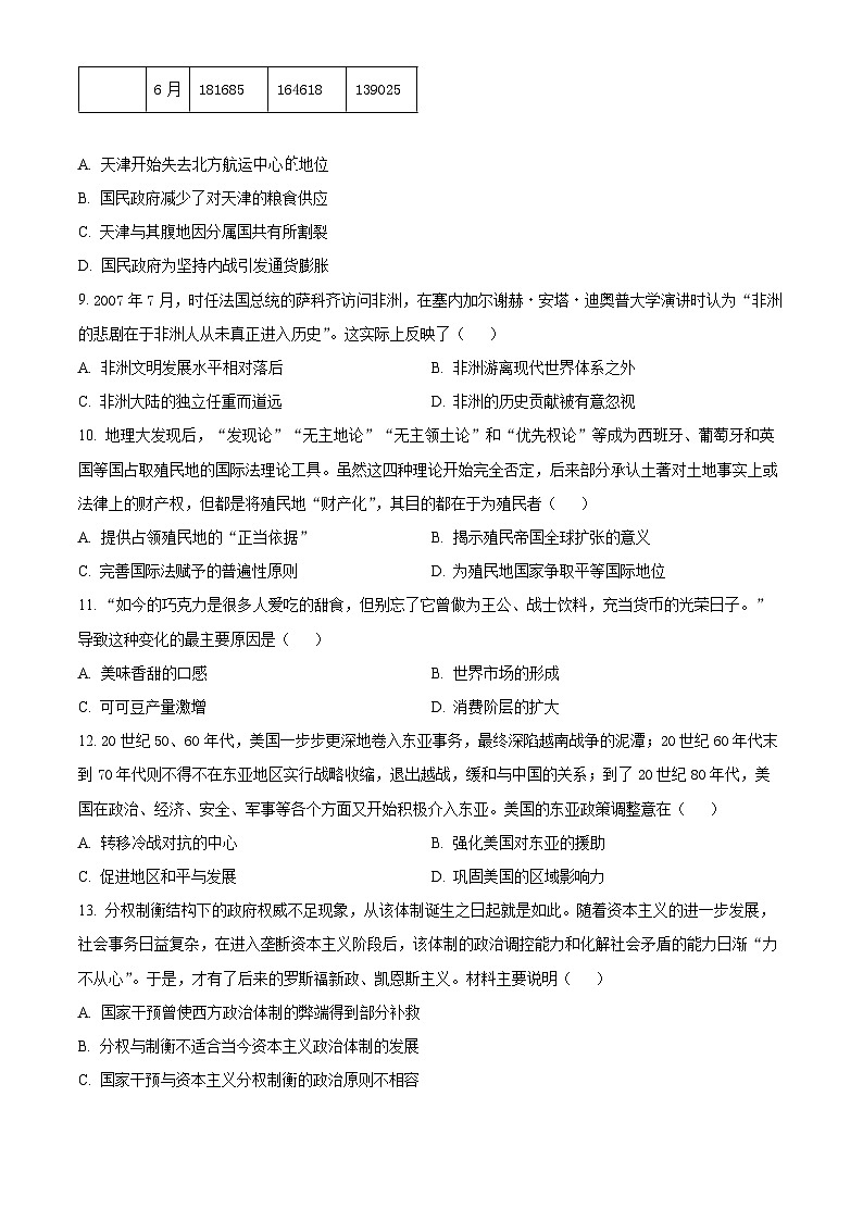 2024届天津市滨海新区高三下学期三模历史试题（原卷版+解析版）03