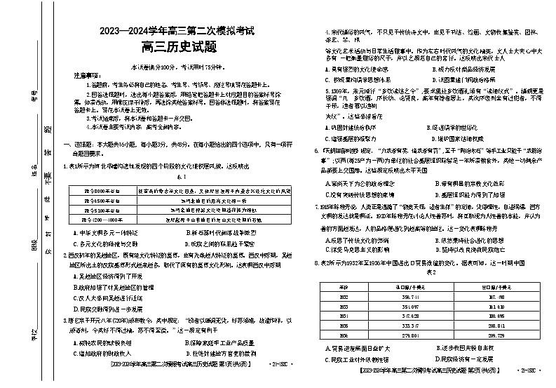 2024保定高三下学期二模试题历史含答案01
