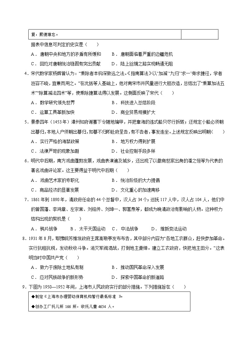 2024年高考第三次模拟考试题：历史（重庆卷）（考试版）02