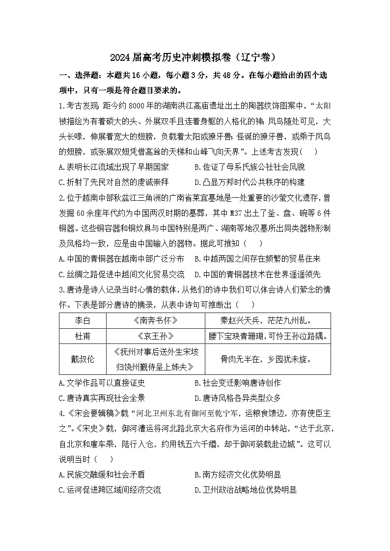 2024届高考冲刺模拟历史试题（辽宁卷）第1页