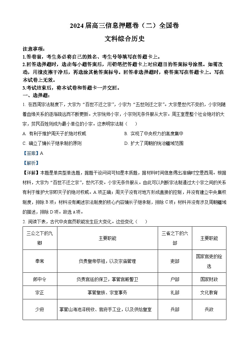 2024届四川省百师联盟高三下学期信息押题卷（二）文综试题-高中历史（原卷版+解析版）01
