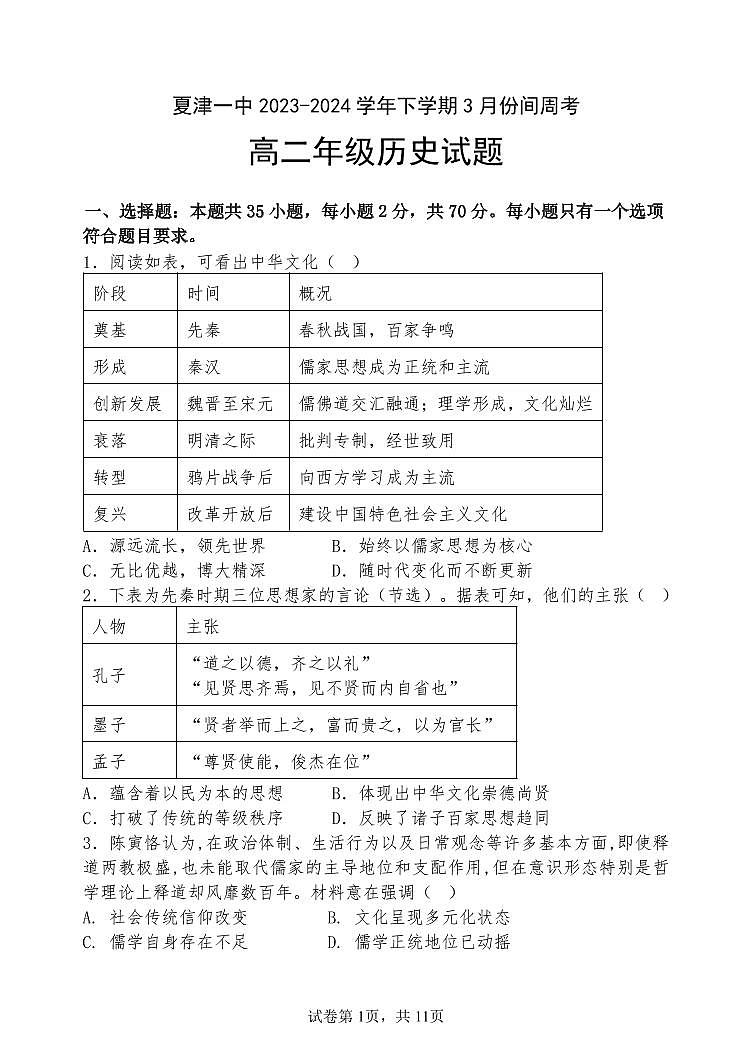 38，山东省德州市夏津第一中学2023-2024学年高二下学期3月月考历史试题01