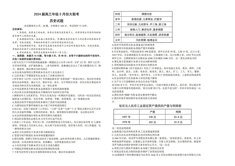 浙江省多校2024届高三下学期5月大联考历史试卷（扫描版附解析）第1页