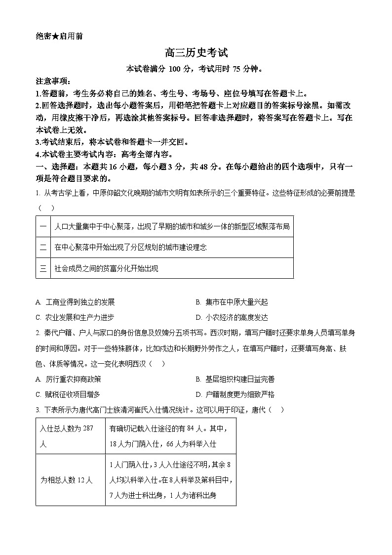 2024届辽宁省沈阳市第二中学高三下学期三模考试历史试题（原卷版+解析版）01