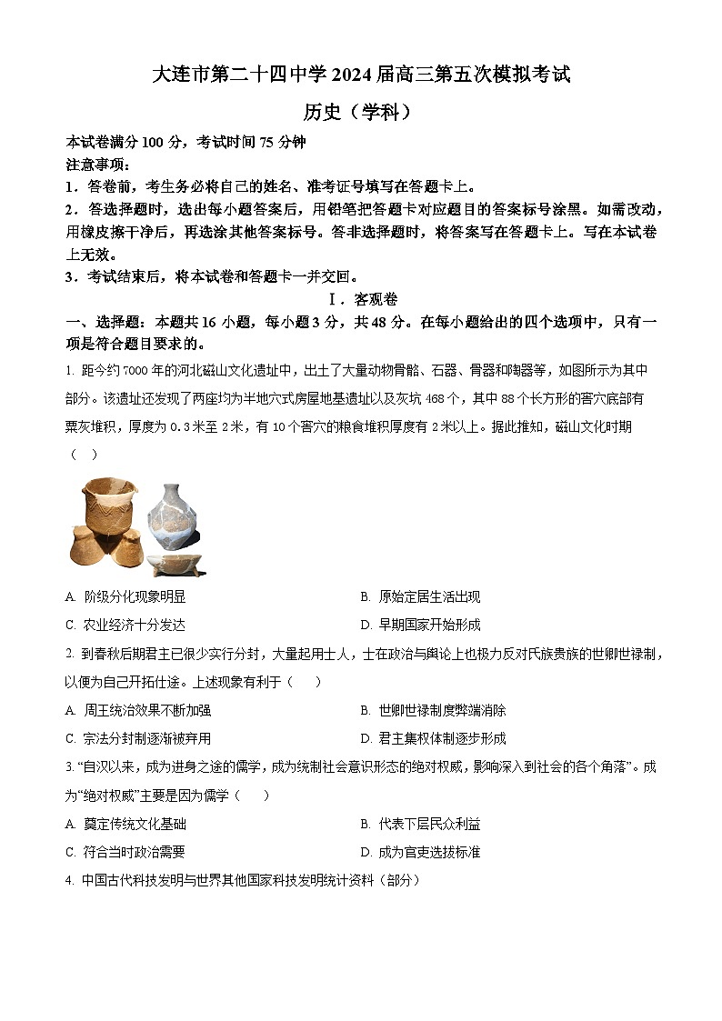 辽宁省大连市第二十四中学2024届高三下学期第五次模拟历史试题（原卷版+解析版）01