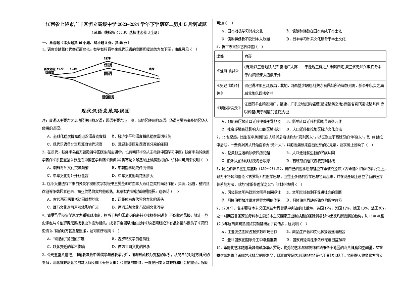 江西省上饶市广丰区恒立高级中学2023-2024学年高二下学期5月测试历史试题第1页