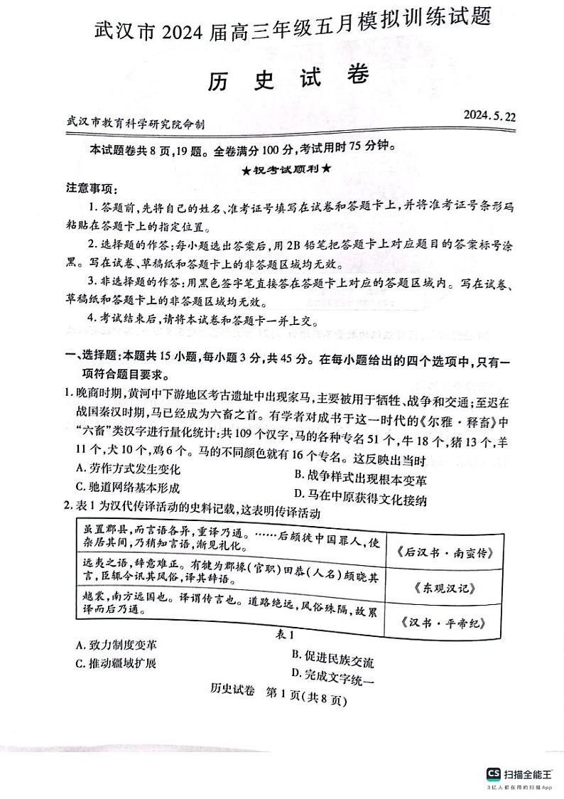 湖北省武汉市2023-2024学年高三下学期五月模拟训练历史试题01