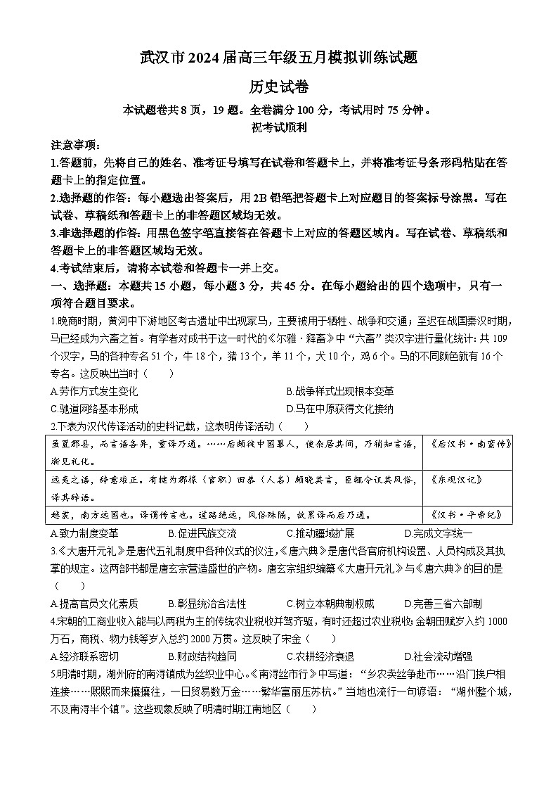 2024届湖北省武汉市高三下学期5月模拟训练历史试卷01