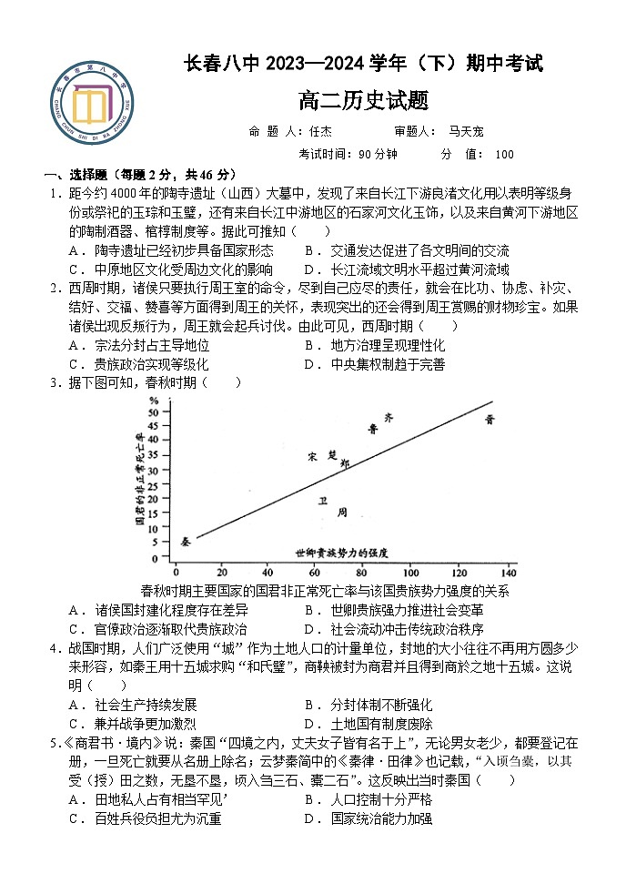 吉林省长春市第八中学2023-2024学年高二下学期期中考试历史试题01