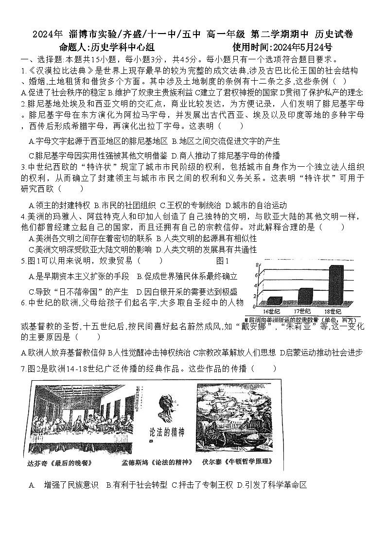 山东省淄博张店重点高中2023-2024学年高一下学期5月期中历史试题01