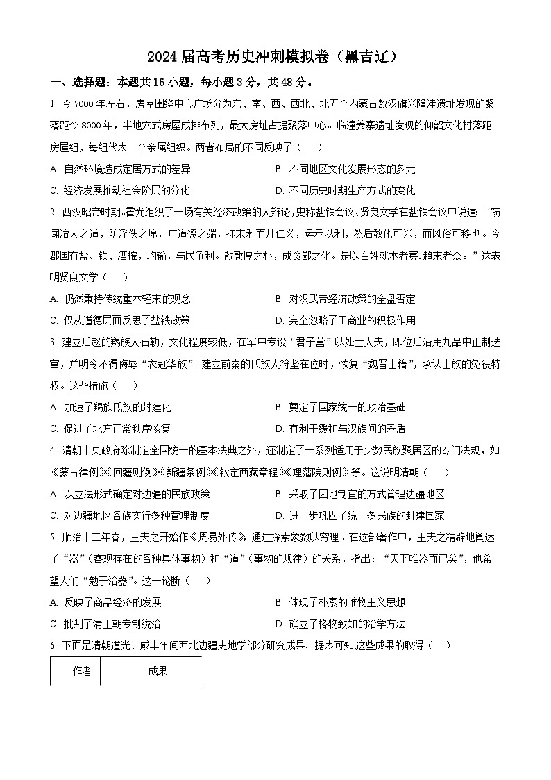2024届高考历史冲刺模拟卷（黑吉辽）（原卷版）第1页