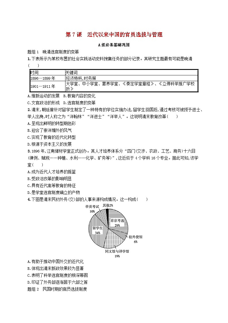 2025年高中历史第2单元第7课近代以来中国的官员选拔与管理分层作业部编版选择性必修1第1页