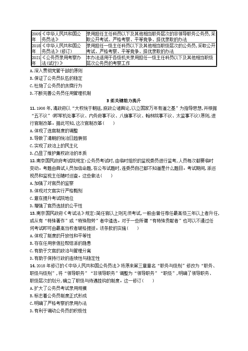 2025年高中历史第2单元第7课近代以来中国的官员选拔与管理分层作业部编版选择性必修1第3页