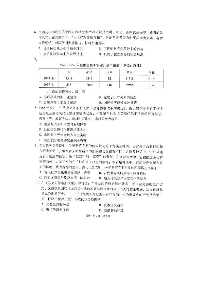 2024届“3+3+3”高考备考诊断性联考历史试题第2页