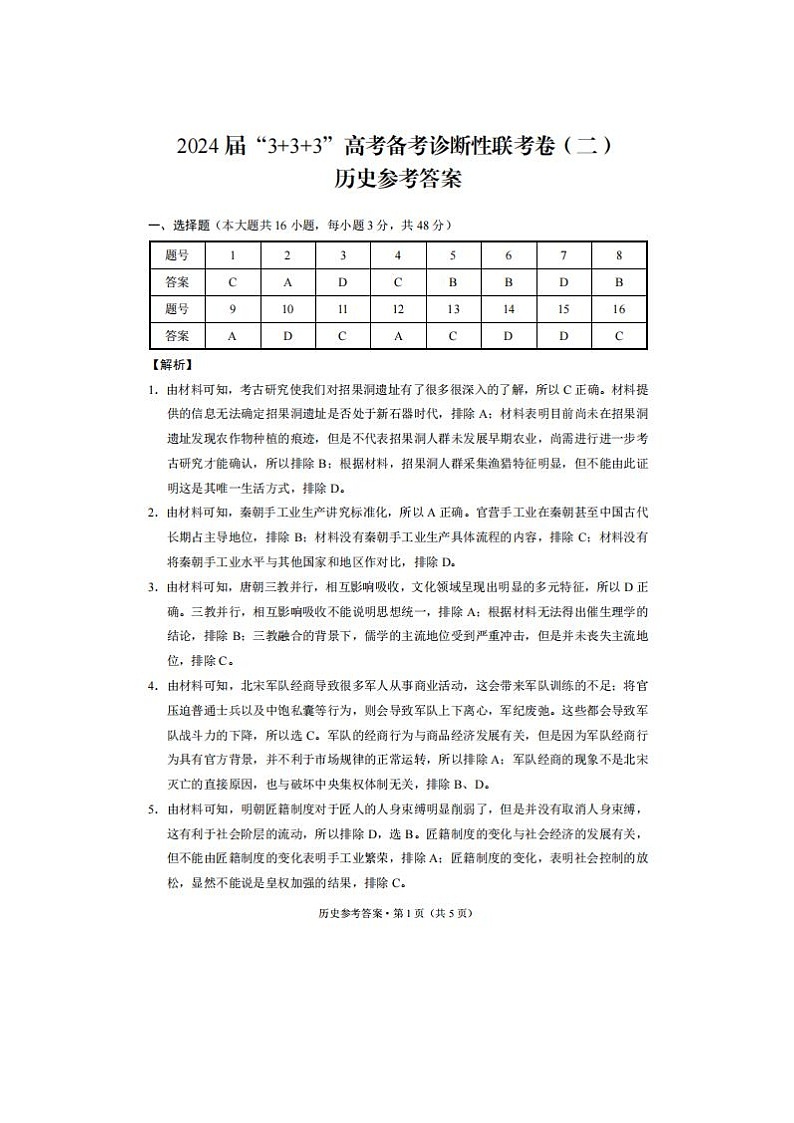 2024届“3+3+3”高考备考诊断性联考历史试题答案第1页