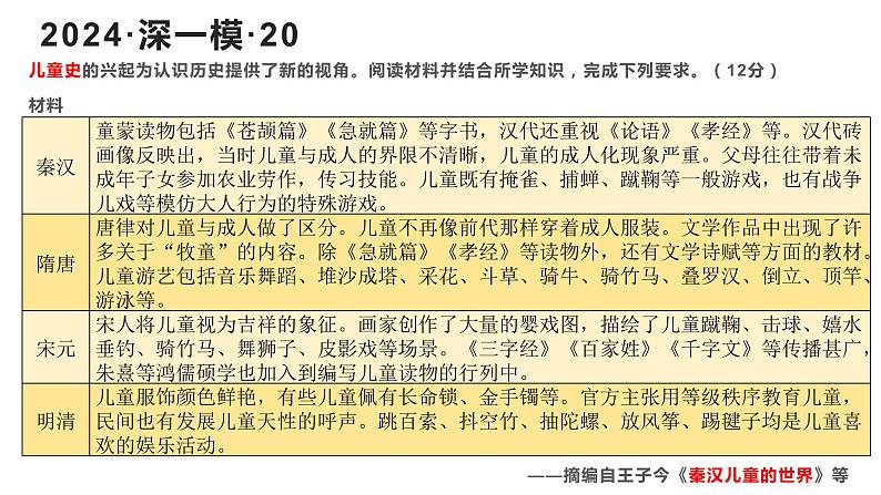 儿童史课件2024届高三历史二轮专题复习第1页