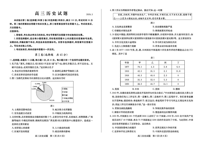 2024山东德州高三下三模历史试题及答案01