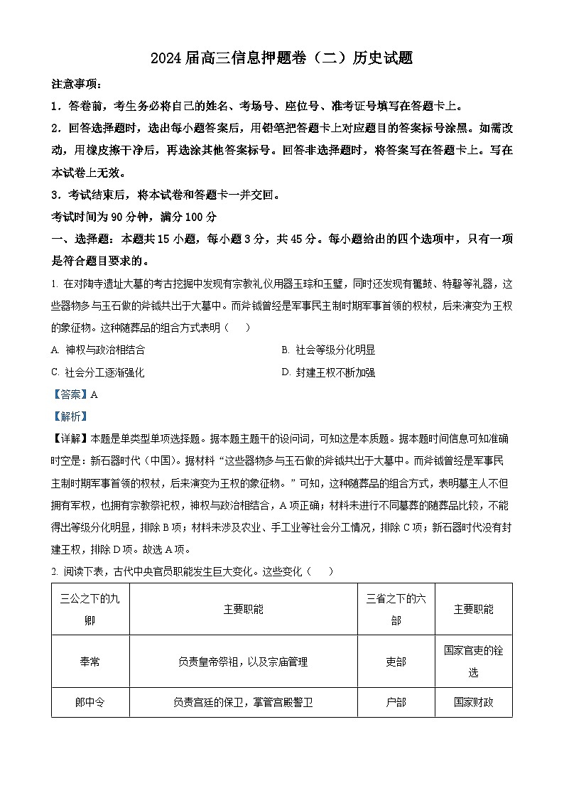 2024届山东省菏泽市高三信息押题卷（二）历史试题（学生版+教师版）01