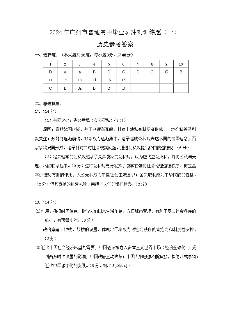 2024年广州市普通高中毕业班冲刺训练题（一）参考答案第1页