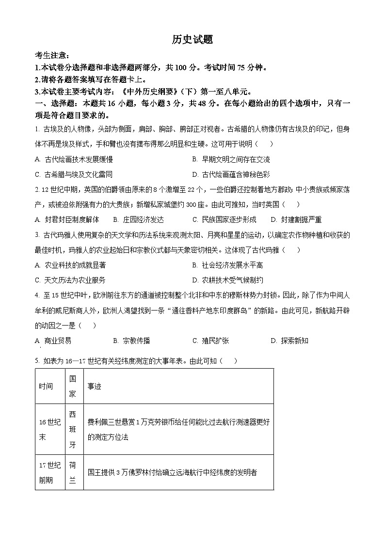 四川省雅安中学、石棉中学2023-2024学年高一下学期5月月考历史试题（学生版）第1页