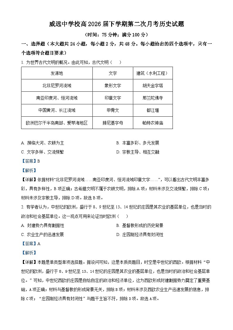 四川省内江市威远中学校2023-2024学年高一下学期第二次月考历史试题（学生版+教师版）01